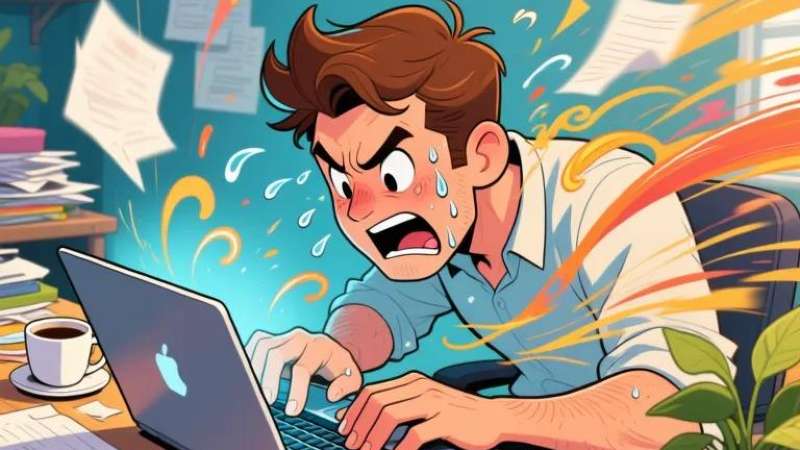 A stressed man frantically types on a laptop, sweating and surrounded by papers, in a chaotic office environment.