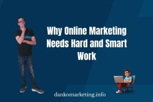 A young person stands confidently, showcasing a message about the importance of effort in online marketing on a blue background.