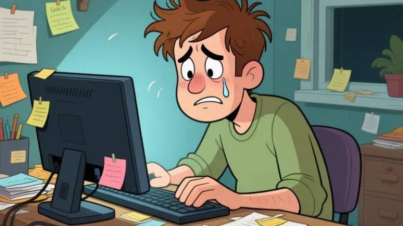A worried young man with messy hair sits at a cluttered desk, staring at a computer screen, with a tear rolling down his cheek.