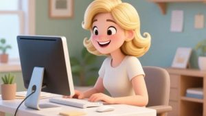 A cartoon character with blonde hair sits at a desk with a computer, focusing on the screen in a cozy, modern office setting.