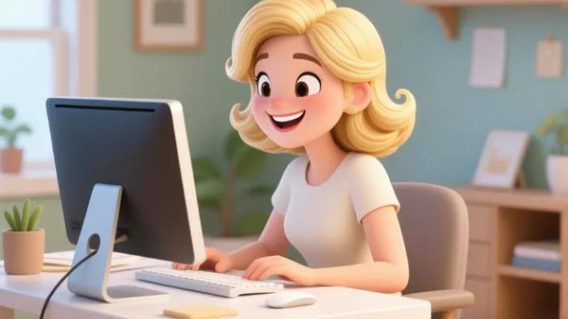 A cartoon character with blonde hair sits at a desk with a computer, focusing on the screen in a cozy, modern office setting.