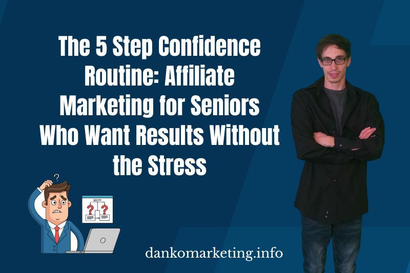 Text on a blue background reads, "The 5 Step Confidence Routine: Affiliate Marketing for Seniors Who Want Results Without the Stress." A cartoon man looks confused next to icons of a laptop and question marks. On the right, a man with glasses stands confidently with arms crossed. The URL "dankomarketing.info" is at the bottom.