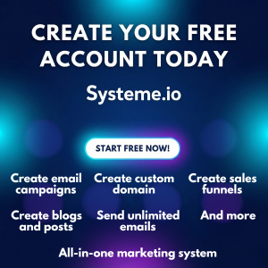 Marketing system ad with blue gradient background, promoting Systeme.io. Features include sales funnels, email campaigns, and blog posts. Button reads 'Start free now!'