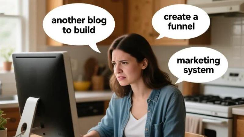 A woman looks stressed at a computer in a kitchen. Speech bubbles say "another blog to build," "create a funnel," and "marketing system."