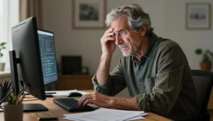 Older man with gray hair sitting at a desk, focused and slightly frowning at a computer screen. Papers and a plant in the background suggest a home office.