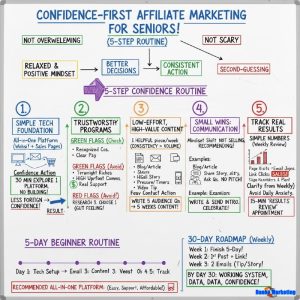 "Infographic titled 'Confidence-First Affiliate Marketing for Seniors' outlines a 5-step routine. Steps: 1. Simple Tech Foundation, 2. Trustworthy Programs, 3. Low-Effort, High-Value Content, 4. Small Wins in Communication, 5. Track Real Results. Includes tips, green and red flags, and a 5-day beginner routine and 30-day roadmap. Emphasizes a relaxed, positive mindset for better decisions and consistent action. Colorful text and diagrams convey clarity and motivation."