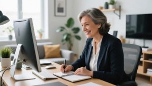 A woman with gray hair smiles while writing in a notebook at a desk with a computer. The room is bright and modern with plants and shelves.