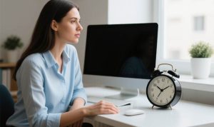 A woman in a blue shirt sits at a desk with a computer and an alarm clock, gazing thoughtfully out the window. The setting is calm and reflective.
