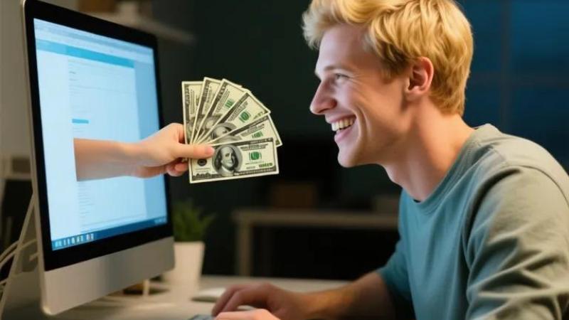 A smiling man at a computer receives a handful of dollar bills from a disembodied hand on the screen, symbolizing online financial gain.
