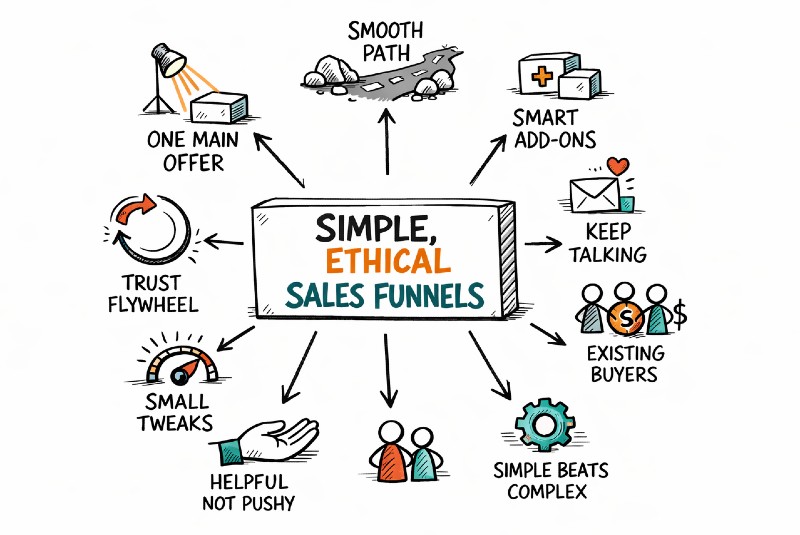 Diagram of "Simple, Ethical Sales Funnels" with arrows pointing to key concepts: Smooth Path, Smart Add-ons, Existing Buyers, Simple Beats Complex, Keep Talking, Helpful Not Pushy, One Main Offer, Small Tweaks, and Trust Flywheel.