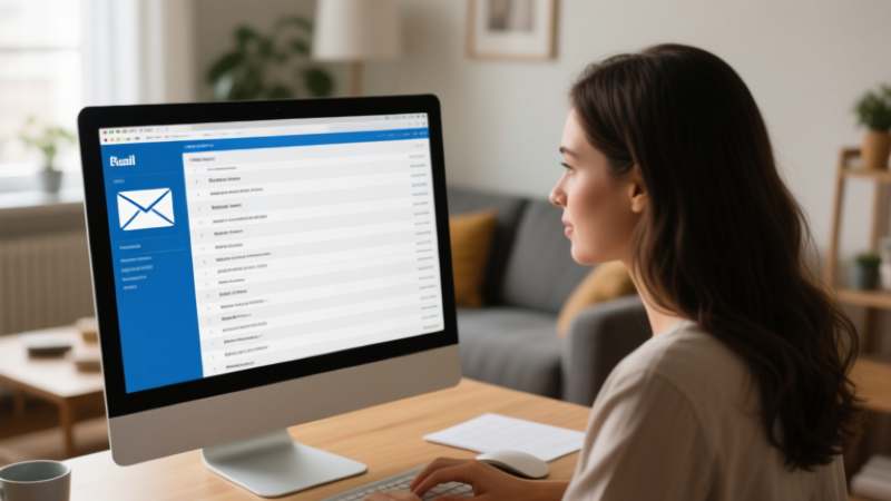 A woman with long hair sits at a desk in a cozy living room, focused on a large computer screen displaying an open email inbox with blue and white design.