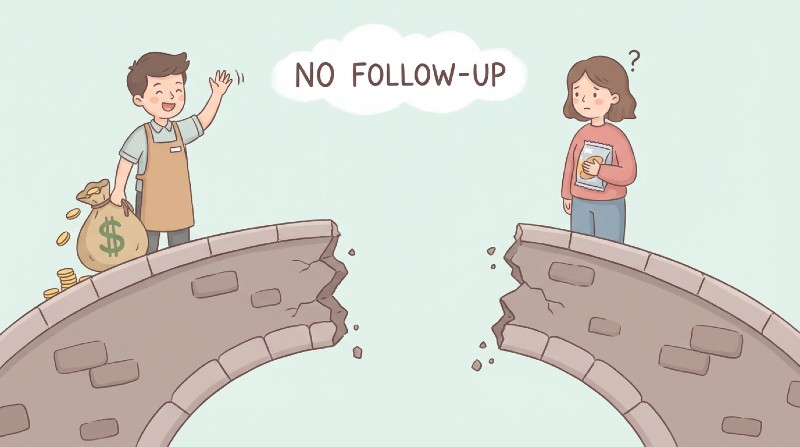 Illustration of a man and woman on opposite ends of a broken bridge labeled "No Follow-Up." The man holds a money bag, the woman a book with a puzzled expression.