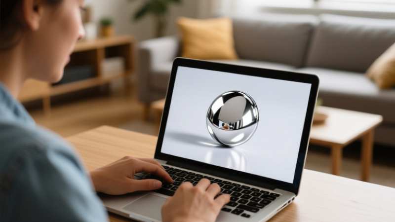 A person using a laptop at a wooden desk, viewing a 3D silver sphere on the screen. The modern living room is softly lit with a cozy couch in the background.