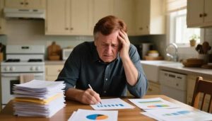 A worried man in a kitchen examines financial documents with graphs. He rests his head on one hand, surrounded by a large stack of papers.