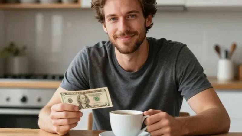 Smiling man holding a five-dollar bill, sitting at a kitchen counter with a coffee cup. Bright kitchen background creates a warm, inviting atmosphere.