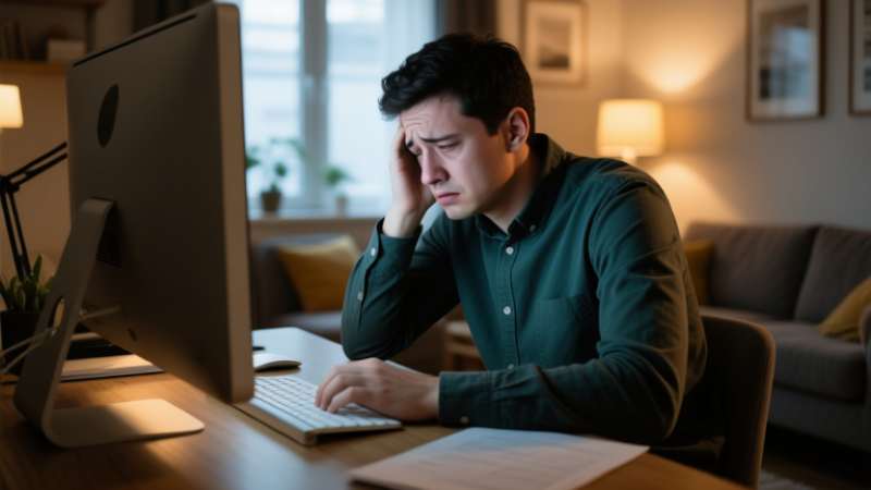 A man sits at a desk in a cozy room, looking frustrated and holding his head. A computer is in front of him, and a softly lit living area is in the background.
