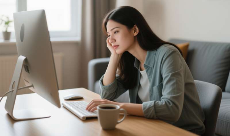 A woman sits at a desk, looking thoughtfully at a computer monitor. She rests her chin on her hand. A coffee cup is nearby, in a softly lit room.