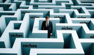 A man in a suit stands lost in a light blue maze with tall walls. The word "niches" repeatedly appears on the walls, symbolizing challenge and exploration.