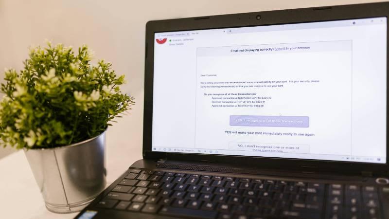 Open laptop displaying an email with transactions, beside a small potted plant on a white surface, conveying a modern, workspace setting.