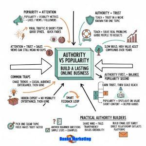 Infographic illustrating "Authority vs Popularity" for online business. Emphasizes trust, slow growth, and balance; warns against trend-chasing. Contains visual symbols and text.