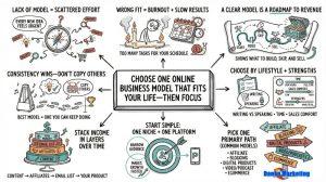 Illustrated infographic outlining online business models. Central box advises choosing a model that fits your life. Icons depict factors like time management, revenue, consistency, and personalization. Arrows connect points such as avoiding burnout, focusing on strengths, and picking a primary path like affiliate marketing or eCommerce. The tone is informative and strategic.