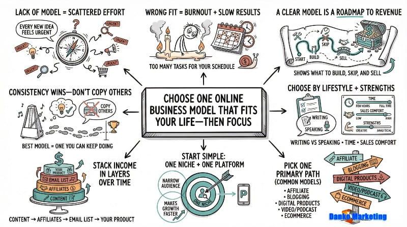 Illustrated infographic outlining online business models. Central box advises choosing a model that fits your life. Icons depict factors like time management, revenue, consistency, and personalization. Arrows connect points such as avoiding burnout, focusing on strengths, and picking a primary path like affiliate marketing or eCommerce. The tone is informative and strategic.