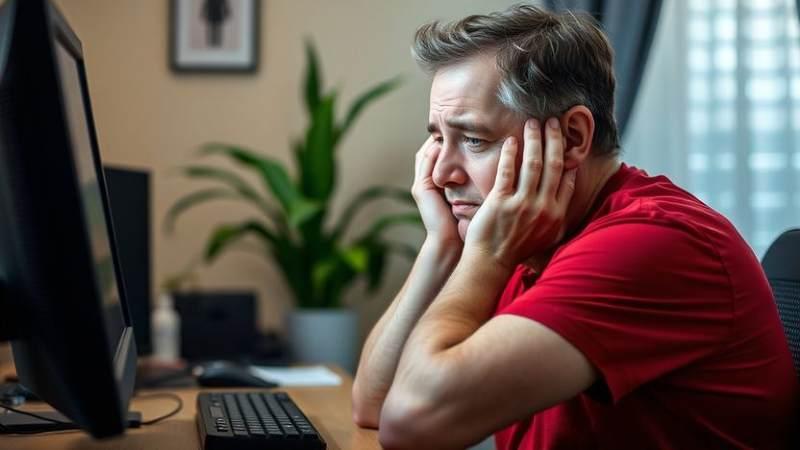A man in a red shirt sits at a desk, looking stressed, with his hands on his cheeks in front of a computer. A plant and window are in the background.