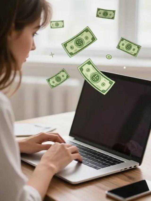 Woman typing on a laptop with illustrated dollar bills floating around, suggesting online earnings or financial success; focused and optimistic mood.