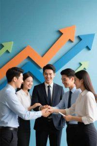 A group of five professionals stands in a semi-circle, smiling and shaking hands. Colorful upward arrows on the wall symbolize growth and success.