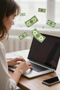 Woman typing on a laptop with illustrated dollar bills floating around, suggesting online earnings or financial success; focused and optimistic mood.