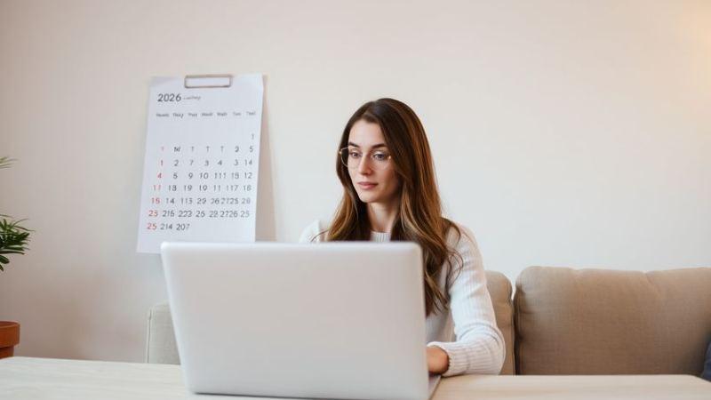 A woman with glasses works on a laptop at a desk in a cozy room. A 2026 calendar is on the wall, and a small plant is on the table. She looks focused.