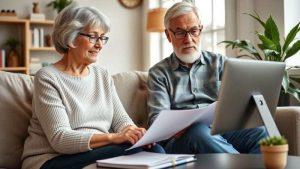 An elderly couple sits on a sofa reviewing documents together. The man, in glasses, looks at a computer screen. Both appear thoughtful and content.