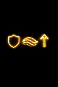 Glowing yellow neon icons on a black background: a shield, wavy lines, and an upward arrow, symbolizing protection, flow, and direction.