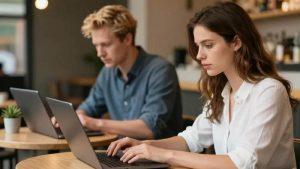 Two people focus intently on their laptops at a wooden table in a modern cafe. The setting is calm and productive, with a small plant in view.