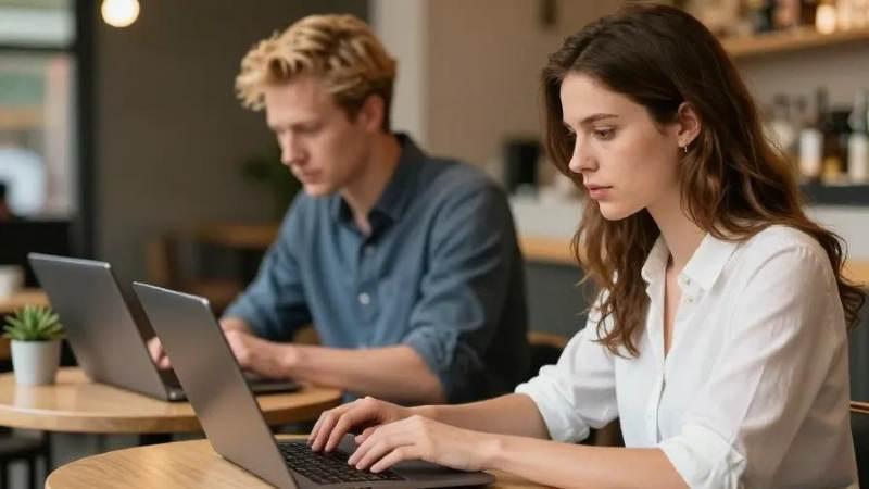 Two people focus intently on their laptops at a wooden table in a modern cafe. The setting is calm and productive, with a small plant in view.