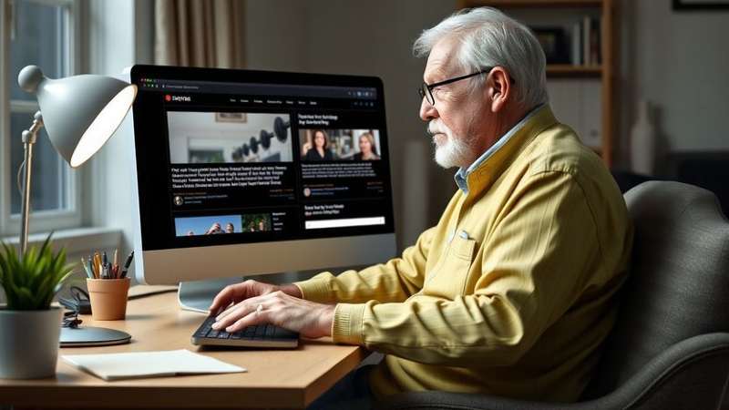An older man with white hair and glasses sits at a desk, focused on a desktop computer displaying a news website. The room is softly lit and cozy.