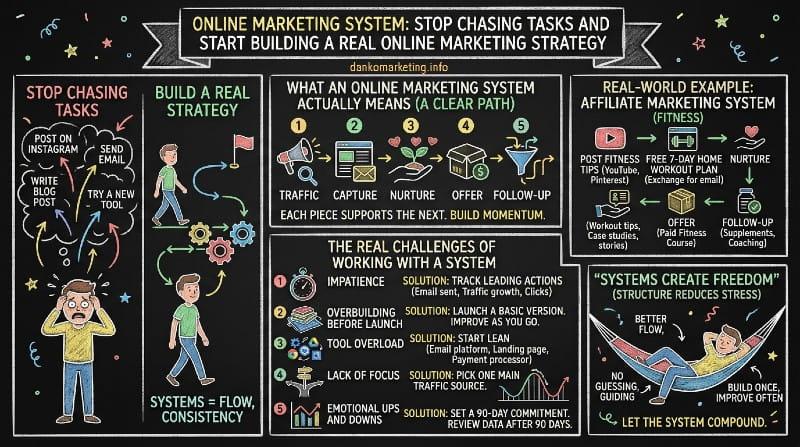 Infographic titled "Online Marketing System." Left section shows a stressed person chased by tasks, contrasting with a calm person building a strategy. Center explains marketing system steps: traffic, capture, nurture, offer, follow-up. Right section demonstrates affiliate marketing with a fitness example. Bottom lists challenges like impatience and overload, with solutions like planning and commitment. Vibrant colors and dynamic illustrations convey a motivational tone.