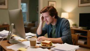 A frustrated man sitting at a cluttered desk with papers, a sandwich, and a coffee cup. He looks at a computer screen with concern, holding his head.