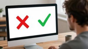 A person at a desk views a computer screen displaying a red X and green check mark. The scene suggests decision-making or correct vs. incorrect choices.