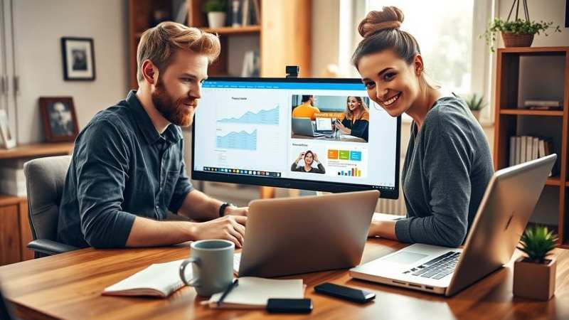 A man and woman work together at a wooden desk with laptops, smiling and discussing graphs on a monitor. The atmosphere is collaborative and focused.