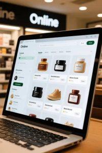 Laptop displaying an online shopping site with various items like shoes and jars. The scene suggests a modern, digital shopping experience.