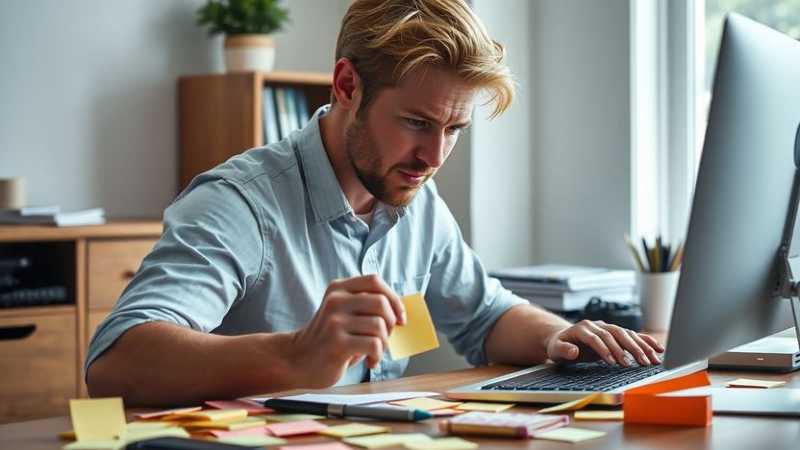 Young man with blonde hair focused on organizing sticky notes at a desk with a laptop, conveying concentration and productivity in a modern office setting.