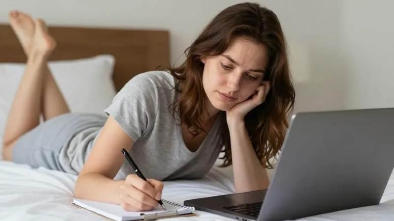 A woman in gray loungewear lies on a bed, focused on writing in a notebook. A laptop is open beside her, suggesting a relaxed work-from-home setting.