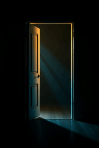 A dark room with an open wooden door, illuminated by warm light streaming in, creating a sense of mystery and inviting exploration.