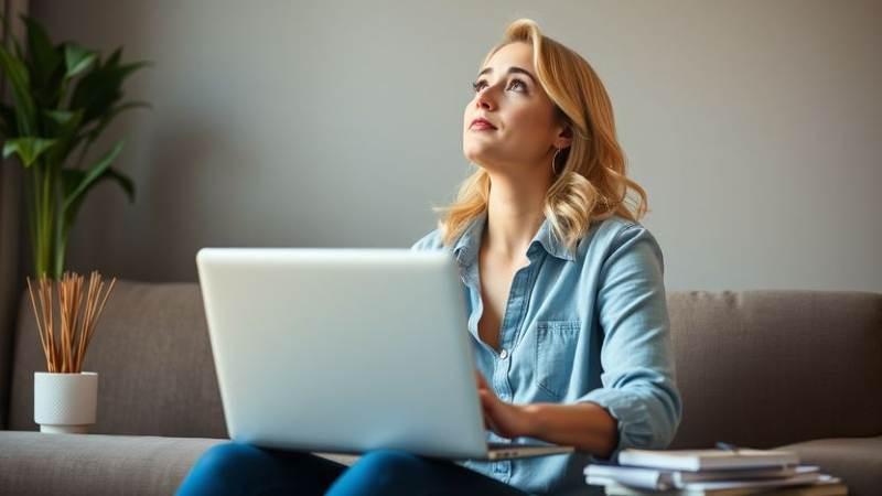 A woman with blonde hair sits on a couch, looking thoughtfully upward while using a laptop. A plant and stacked books are visible in the cozy room.