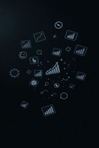 Floating icons on a dark background depict various graphs, charts, gears, and symbols, conveying themes of data analysis and digital connectivity.