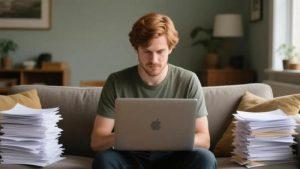 A man with red hair sits on a sofa, focused on a laptop. Piles of paper are on either side, suggesting a work-from-home setting. The mood is concentrated.