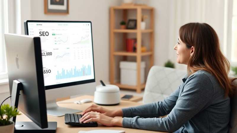 A woman sits at a desk in a home office, focusing on SEO analytics displayed on a large monitor. The room is cozy and well-lit, conveying a productive atmosphere.