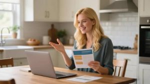 Smiling woman with long blonde hair holds a document while seated at a kitchen table with a laptop. Bright, modern kitchen; engaged, positive mood.