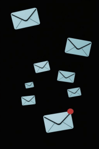 Nine white envelope icons, symbolizing email, are scattered on a black background. One envelope has a red notification dot, indicating a new message.
